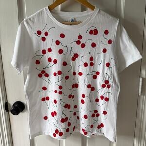 Marushka Hand Printed Cherry T Shirt White 100% Cotton Women’s L